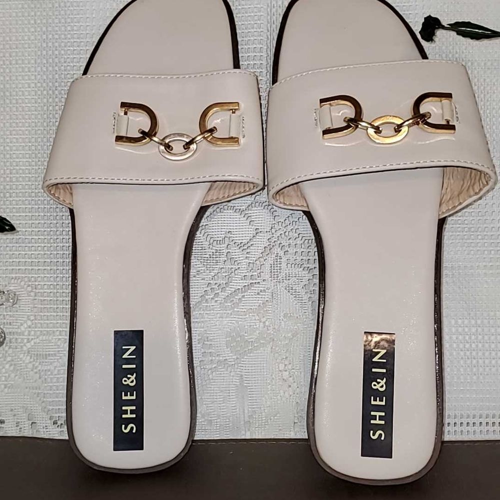 SHEIN Women's Cream Slide Sandals with Gold Accent